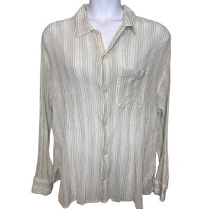 Standard Cloth Womens Sage Green Striped Crinkle Gauze Button Down Shirt Sz L
